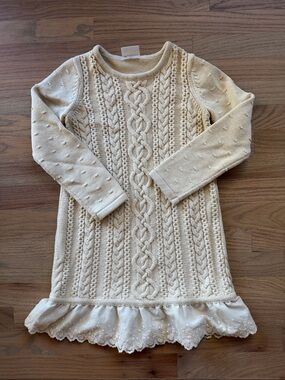 Hanna Andersson Girls 8/130 Cream Cable Knit Sweater Dress Ruffle Hem